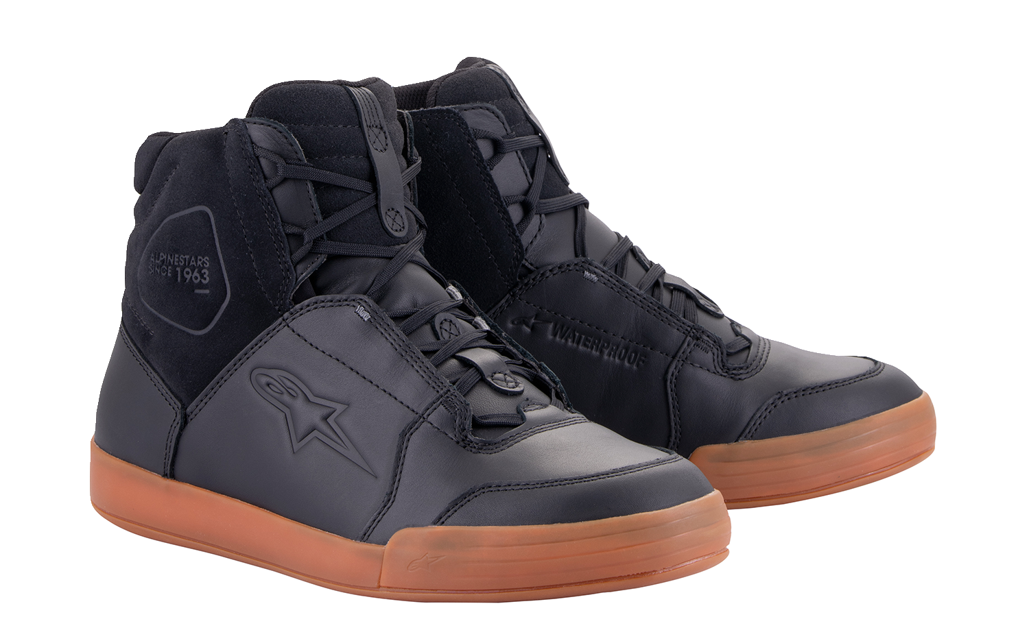 Alpinestars Chrome waterproof shoes in black and brown, US size 12, EU 45.5, with sleek design and sturdy sole.