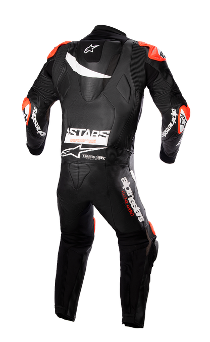 Alpinestars GP Plus v4 leather motorcycle suit in black and white, US 38 / EU 48, showing front view with armor details.