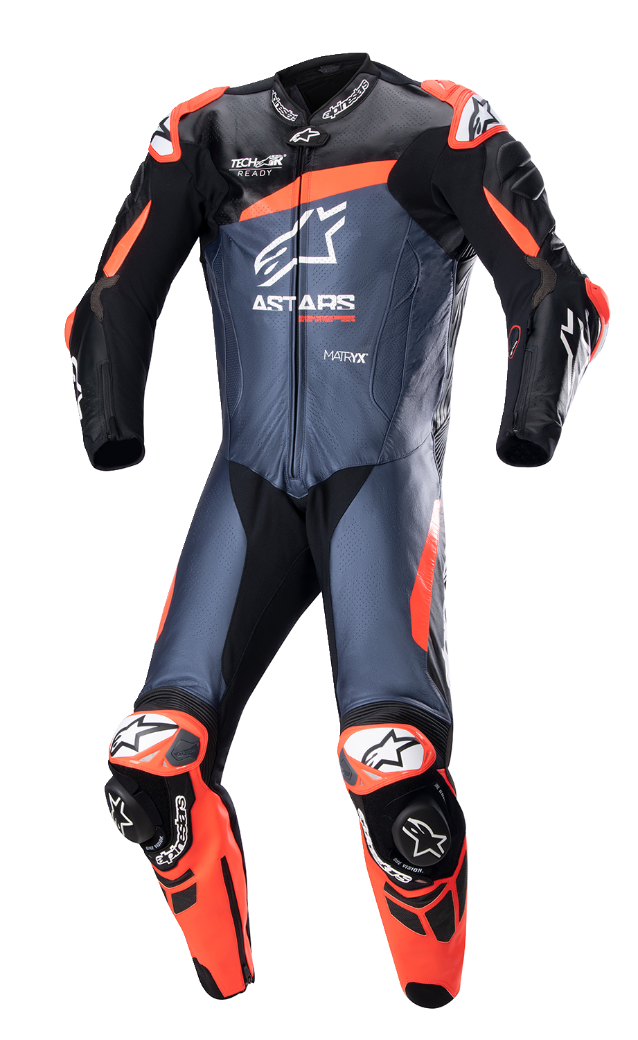 Alpinestars GP Plus v4 leather motorcycle suit in black, red fluo, and dark blue with protective armor, US 46/EU 56.