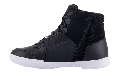 Alpinestars Chrome waterproof shoes in black and white, US size 10, EU size 43, featuring a sleek design with durable material.