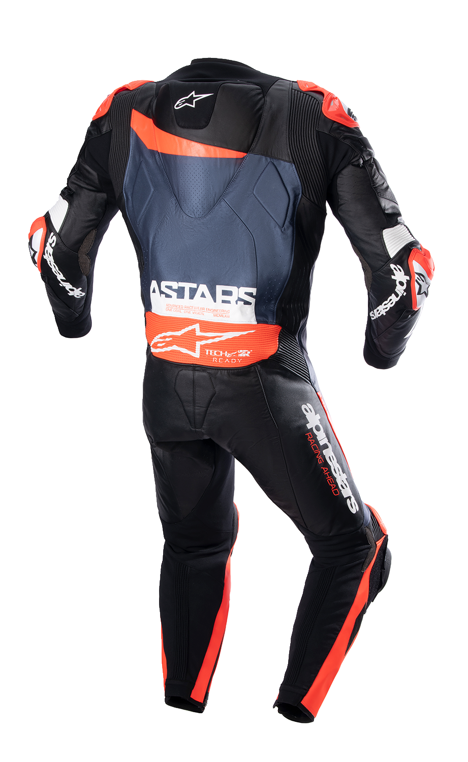 Alpinestars GP Plus v4 leather motorcycle suit in black, red fluo, and dark blue, US 46 / EU 56, front view.
