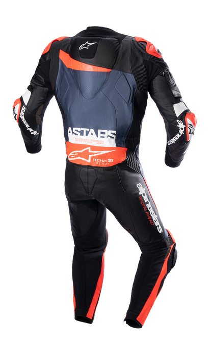 Alpinestars GP Plus v4 leather motorcycle suit in black, red fluo, and dark blue, US 46 / EU 56, front view.