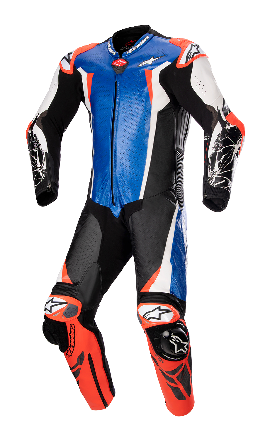 Alpinestars Racing Absolute v2 1-piece leather suit in metallic blue, black, white, and red fluo, US 48 / EU 58.
