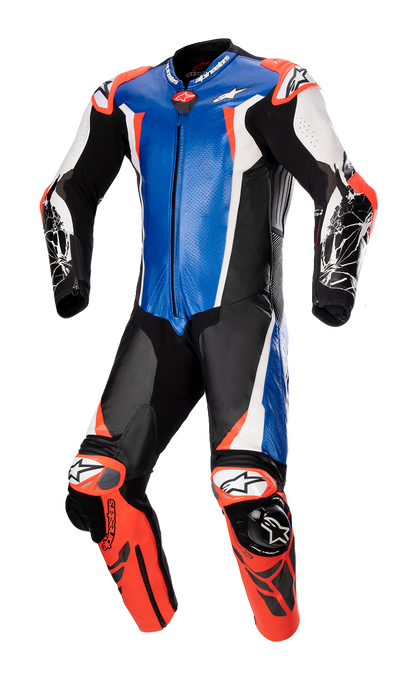 Alpinestars Racing Absolute v2 1-piece leather suit in metallic blue, black, white, and red fluo, US 48 / EU 58.