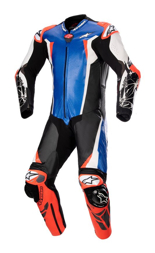 Alpinestars Racing Absolute v2 1-piece leather suit in metallic blue, black, white, and red fluo, US 48 / EU 58.