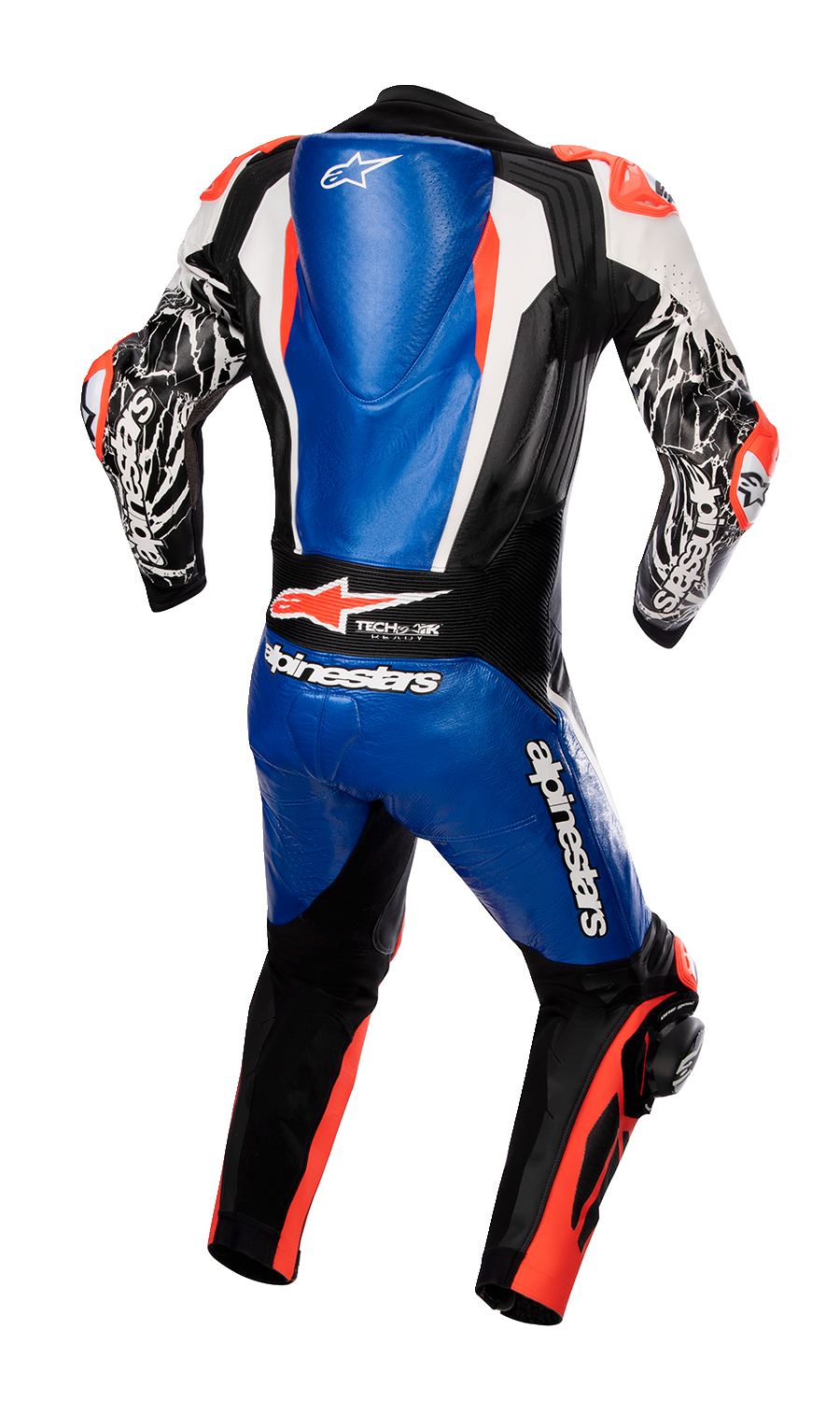 Alpinestars Racing Absolute v2 1-piece leather motorcycle suit in metallic blue, black, white, and red fluo with US 48/EU 58 size.