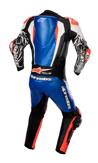 Alpinestars Racing Absolute v2 1-piece leather motorcycle suit in metallic blue, black, white, and red fluo with US 48/EU 58 size.