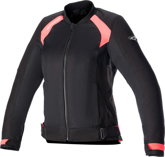 Alpinestars Stella Eloise women's motorcycle jacket in black and pink, size XS, shown with front view and protective details.