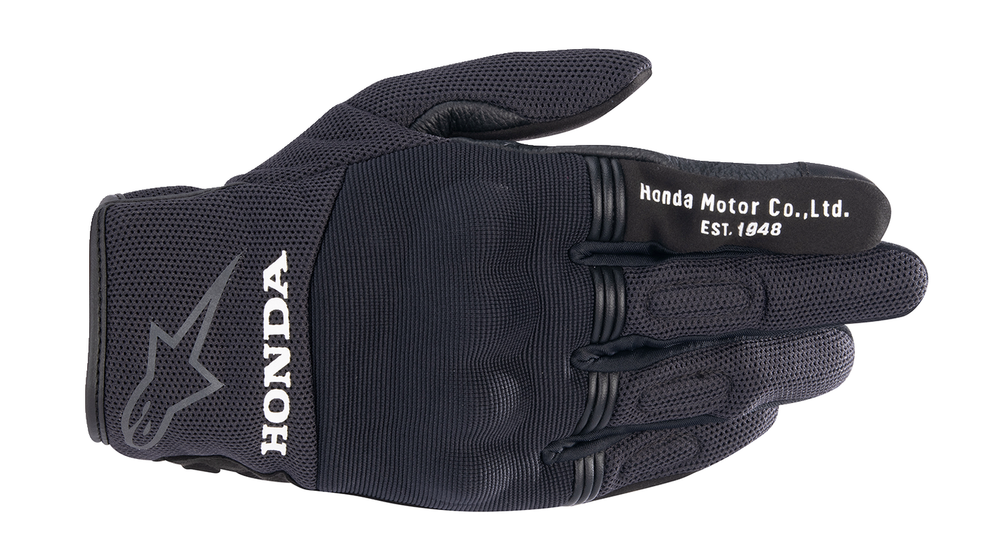 Alpinestars Honda Copper Gloves in black, medium size, showcasing the motorcycle riding gloves with protective padding and branding.