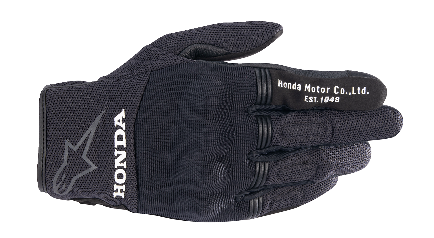 Alpinestars Honda Copper Gloves in black, medium size, showcasing the motorcycle riding gloves with protective padding and branding.
