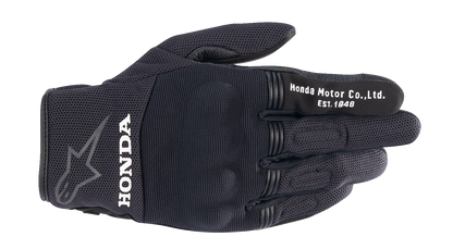 Alpinestars Honda Copper Gloves in black, medium size, showcasing the motorcycle riding gloves with protective padding and branding.