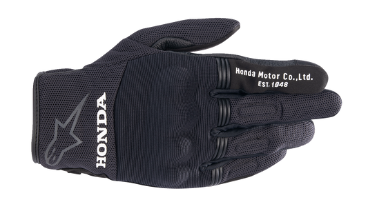 Alpinestars Honda Copper Gloves in black, medium size, showcasing the motorcycle riding gloves with protective padding and branding.