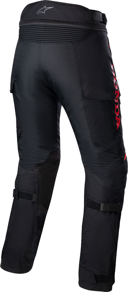 Alpinestars Honda Bogotá Pro Drystar motorcycle pants in black and red, large size, with protective knee padding and waterproof material.