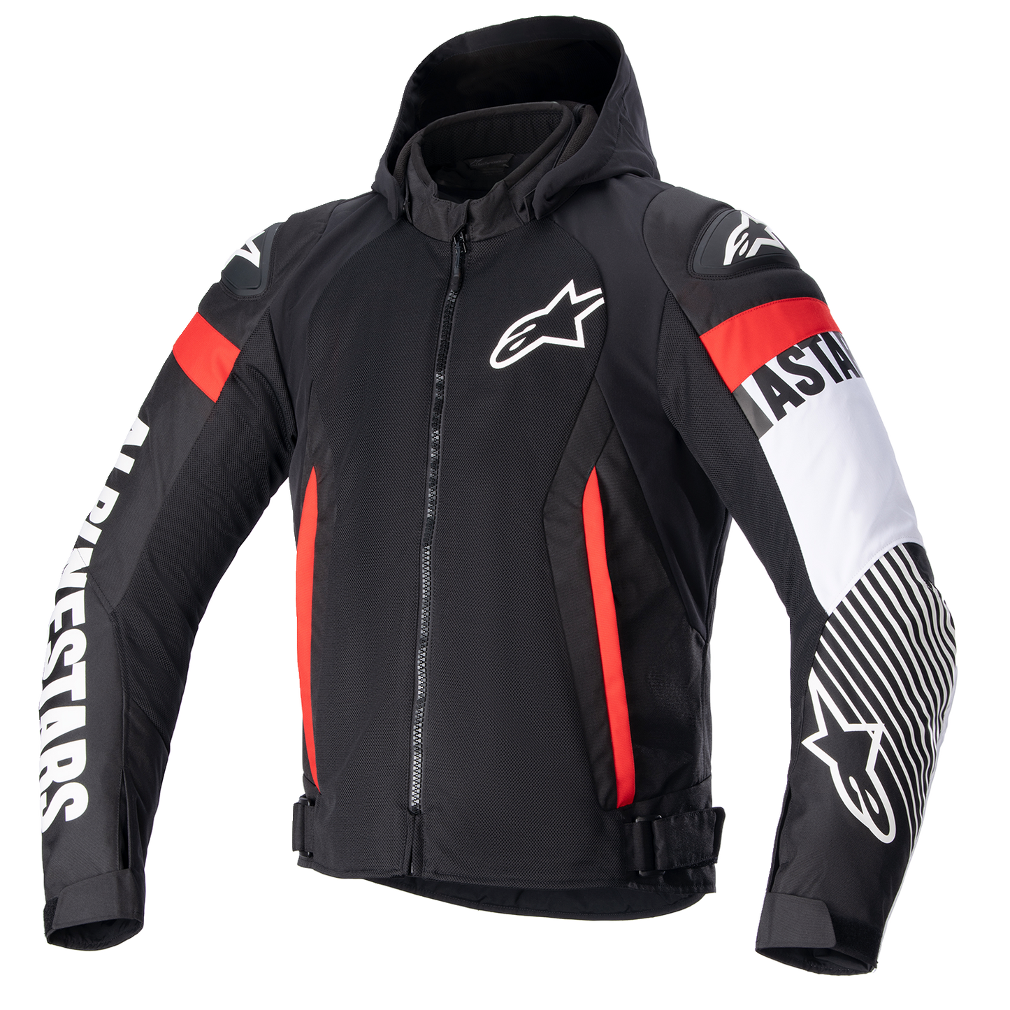 Alpinestars Zaca Air motorcycle jacket in black, white, and red fluo with Nucleon Flex Plus armor and Tech-Air® readiness.