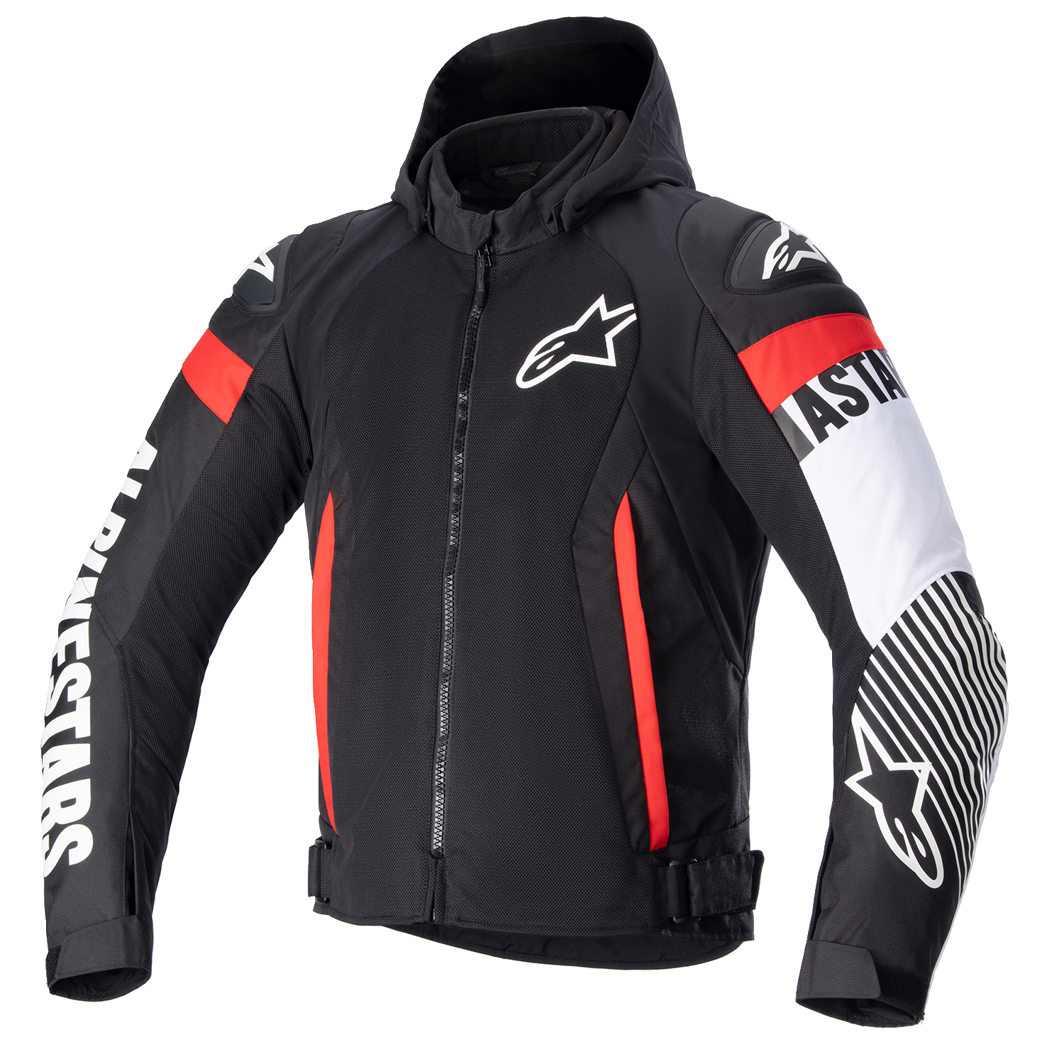Alpinestars Zaca Air motorcycle jacket in black, white, and red fluo with Nucleon Flex Plus armor and Tech-Air® readiness.