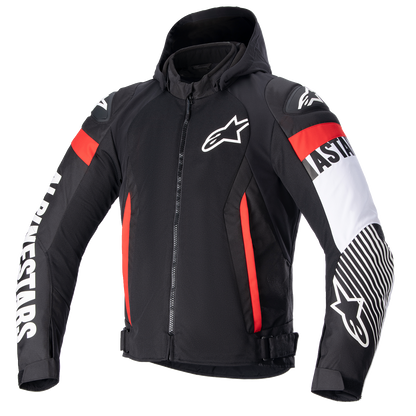 Alpinestars Zaca Air motorcycle jacket in black, white, and red fluo with Nucleon Flex Plus armor and Tech-Air® readiness.