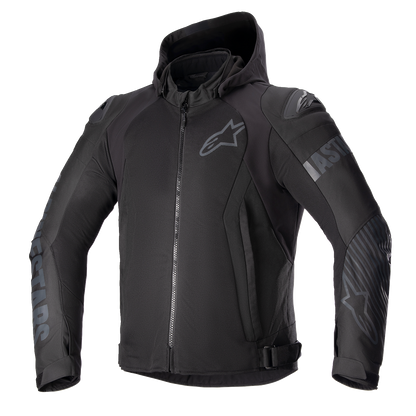 Alpinestars Zaca Air Jacket in black with Nucleon Flex Plus armor and waterproof features, displayed on a hanger.