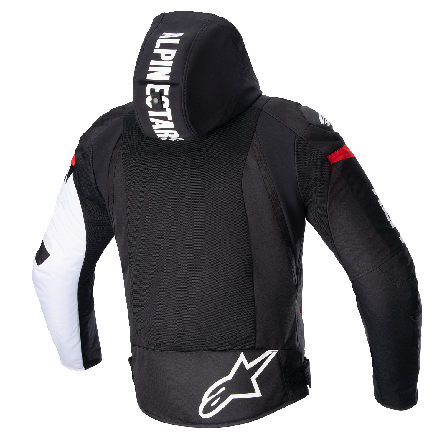 Alpinestars Zaca Air motorcycle jacket in black, white, and red fluo with Nucleon Flex Plus armor and Tech-Air® Ready features.