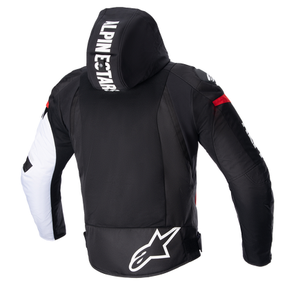 Alpinestars Zaca Air motorcycle jacket in black, white, and red fluo with Nucleon Flex Plus armor and Tech-Air® Ready features.