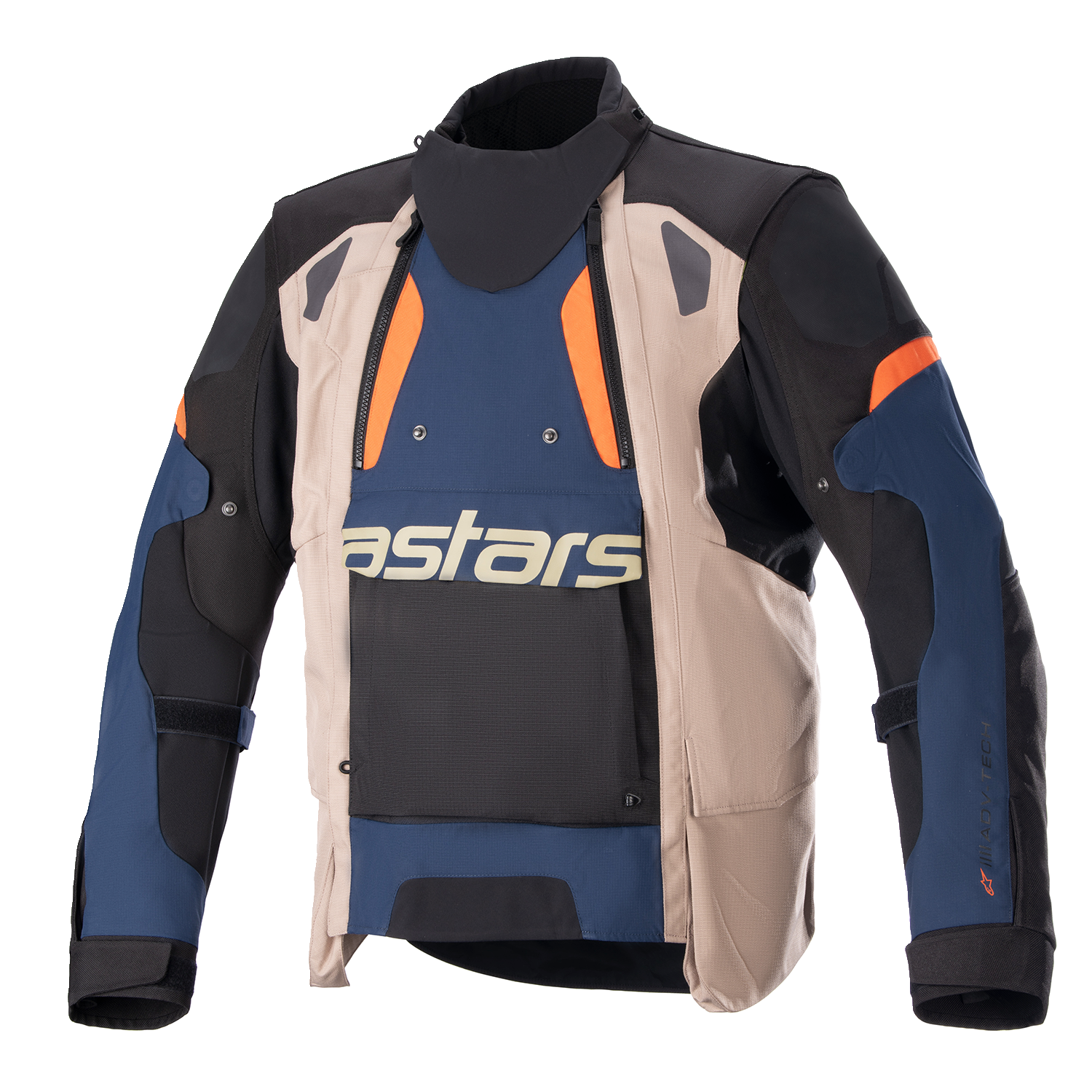 Alpinestars Halo Drystar® motorcycle jacket in blue, black, and orange, size medium, with protective features and waterproof fabric.