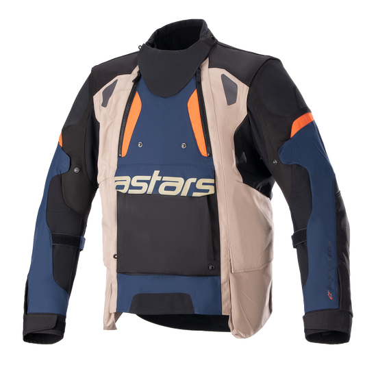Alpinestars Halo Drystar® motorcycle jacket in blue, black, and orange, size medium, with protective features and waterproof fabric.