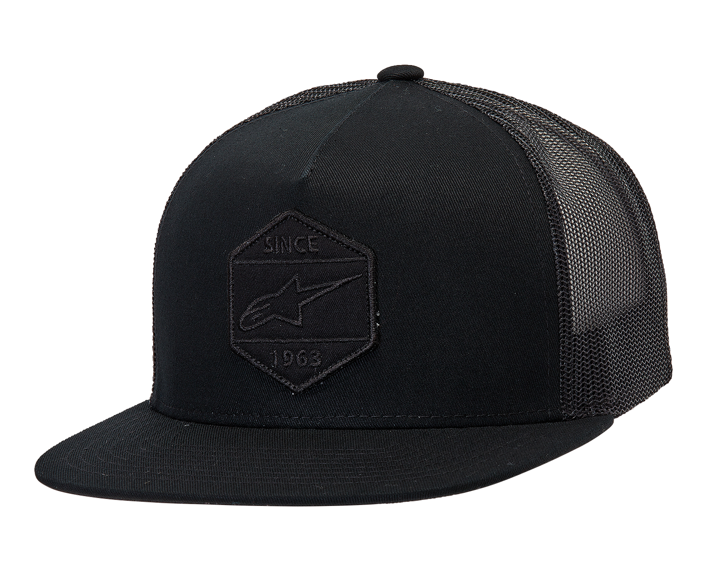 Alpinestars Bolt Trucker Hat in black with mesh back and adjustable snap closure, featuring the Alpinestars logo.
