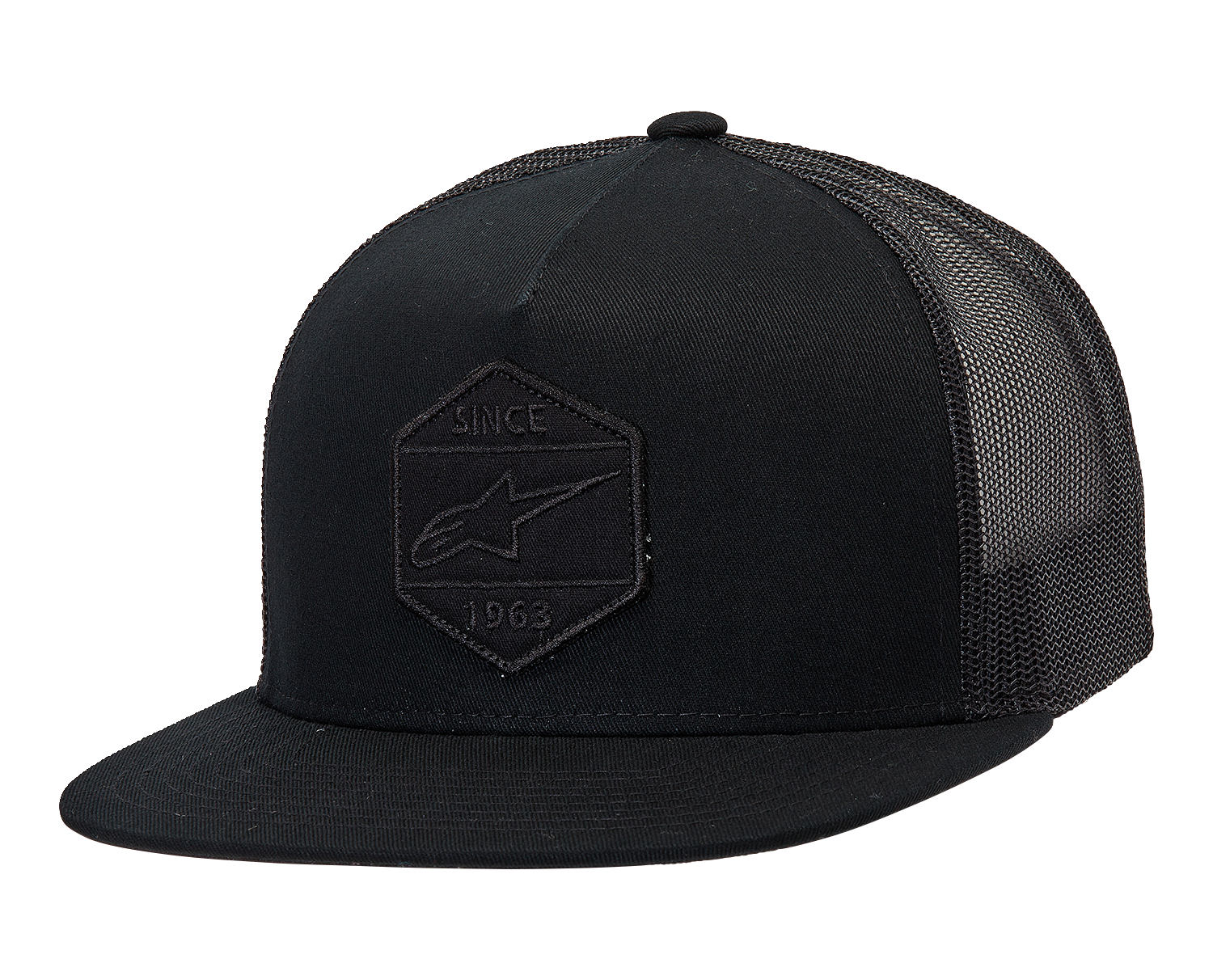 Alpinestars Bolt Trucker Hat in black with mesh back and adjustable snap closure, featuring the Alpinestars logo.