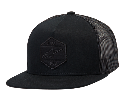 Alpinestars Bolt Trucker Hat in black with mesh back and adjustable snap closure, featuring the Alpinestars logo.