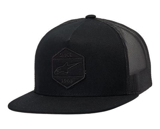 Alpinestars Bolt Trucker Hat in black with mesh back and adjustable snap closure, featuring the Alpinestars logo.