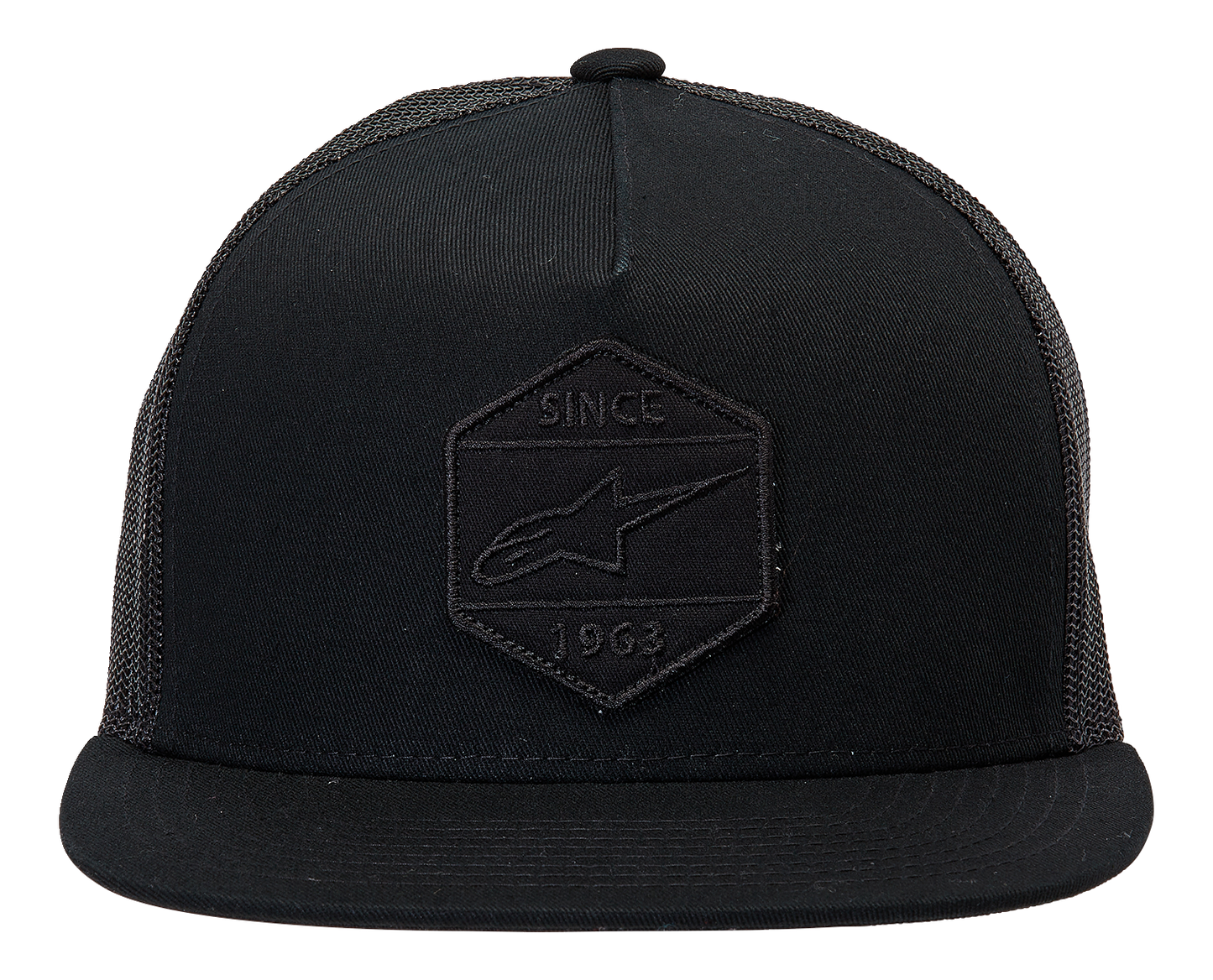 Alpinestars Bolt Trucker Hat in black with mesh back and adjustable strap, featuring the ALPINESTARS logo on front.