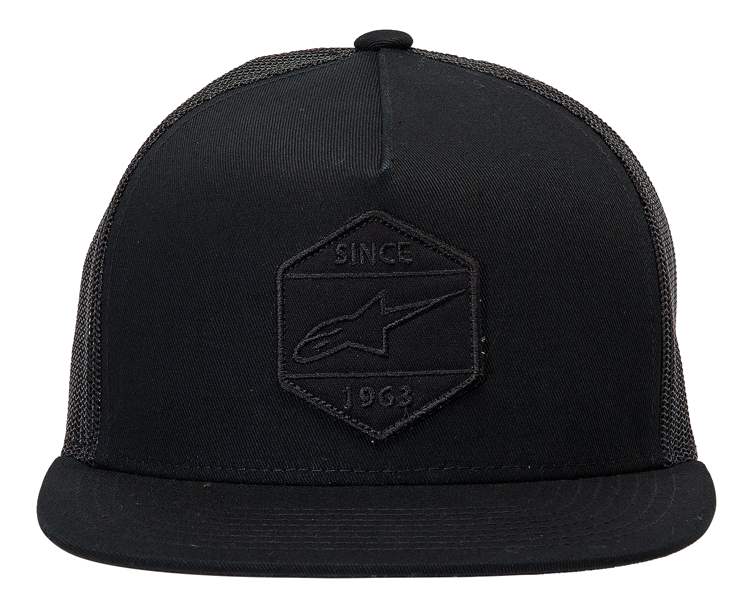 Alpinestars Bolt Trucker Hat in black with mesh back and adjustable strap, featuring the ALPINESTARS logo on front.