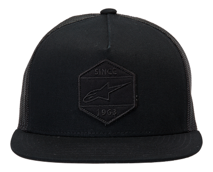 Alpinestars Bolt Trucker Hat in black with mesh back and adjustable strap, featuring the ALPINESTARS logo on front.