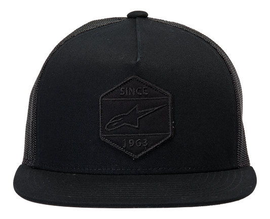 Alpinestars Bolt Trucker Hat in black with mesh back and adjustable strap, featuring the ALPINESTARS logo on front.