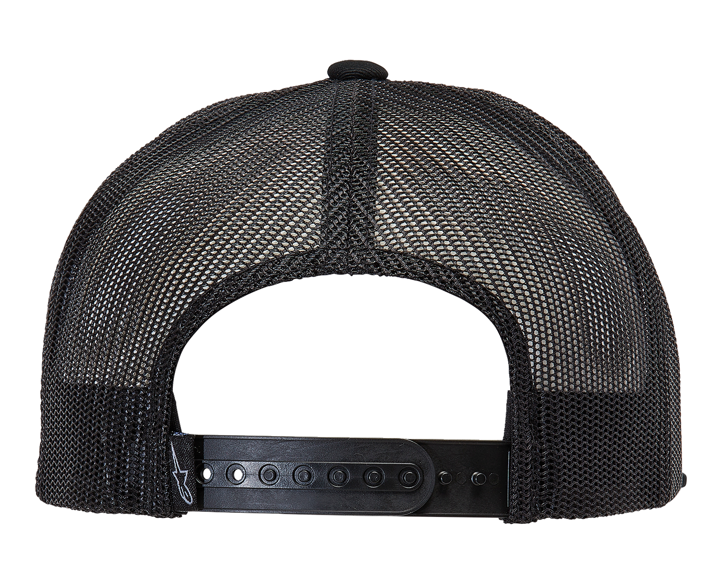 Alpinestars Bolt Trucker Hat in black, featuring a structured crown and adjustable snapback, displayed on a plain background.