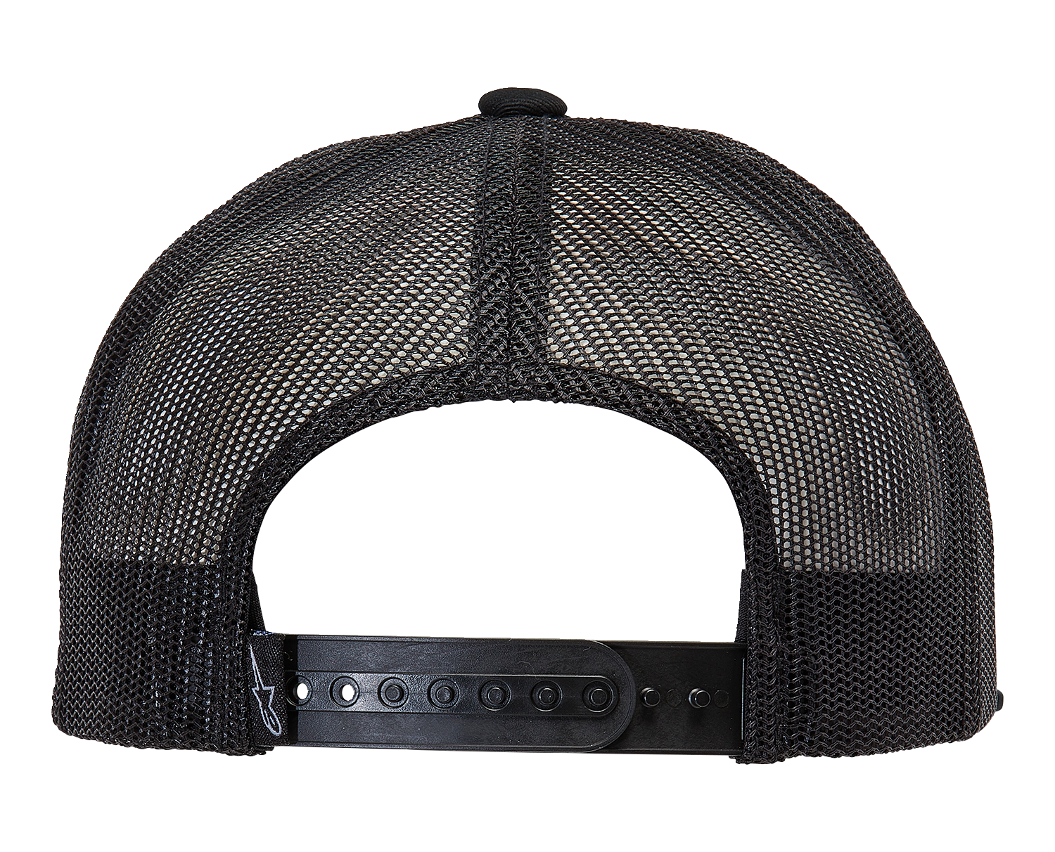 Alpinestars Bolt Trucker Hat in black, featuring a structured crown and adjustable snapback, displayed on a plain background.