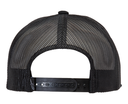 Alpinestars Bolt Trucker Hat in black, featuring a structured crown and adjustable snapback, displayed on a plain background.