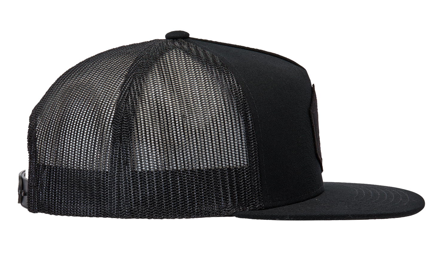 Alpinestars Bolt Trucker Hat in black with logo patch, adjustable snapback, casual style, front and side views