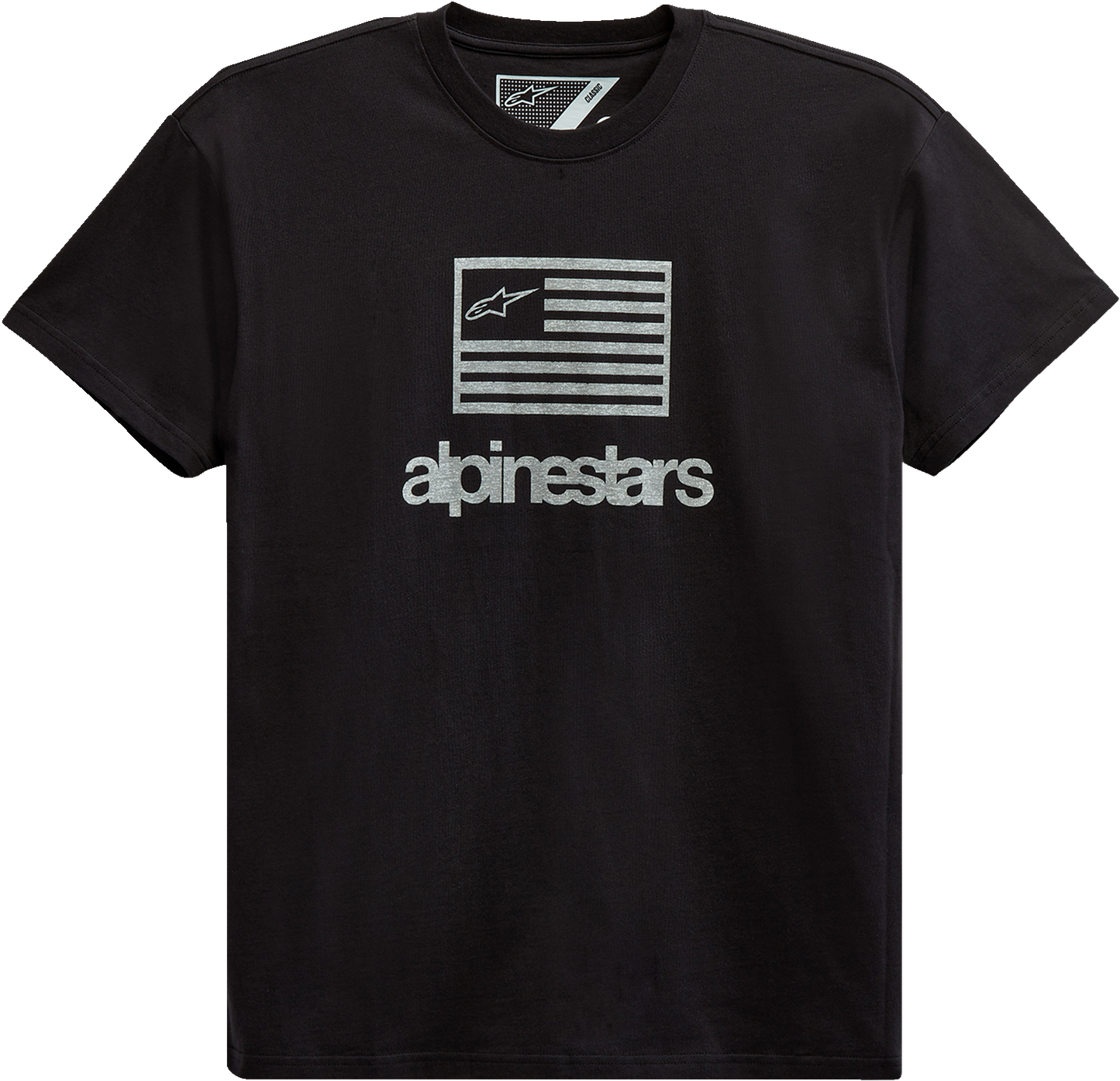 Alpinestars black Flag T-shirt in 2XL, made of 100% cotton with graphic logo design for casual wear.