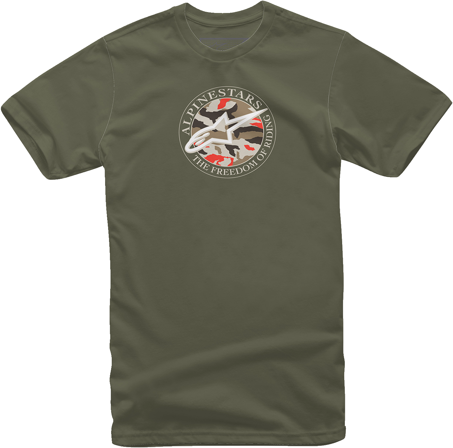Alpinestars Dot Camo T-Shirt in military green, 2XL, featuring a camouflage print and Alpinestars logo on the front.