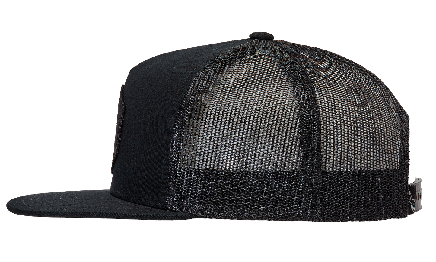 Alpinestars Bolt Trucker Hat in black with mesh back and adjustable strap, featuring the ALPINESTARS logo on front.