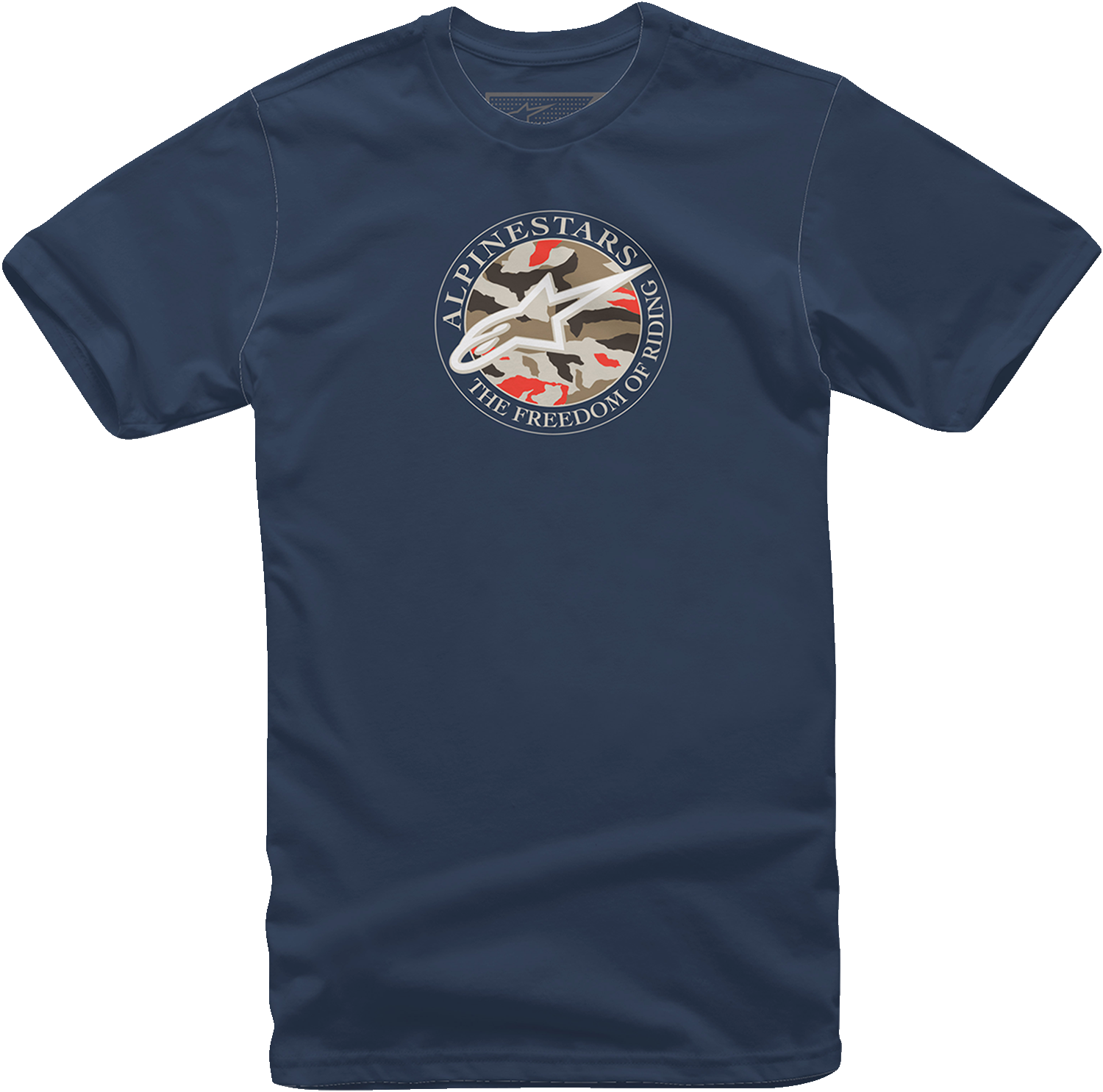 Alpinestars Dot Camo T-Shirt in navy, medium size, featuring a camouflage pattern and Alpinestars branding.