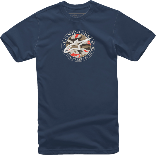 Alpinestars Dot Camo T-Shirt in navy, medium size, featuring a camouflage pattern and Alpinestars branding.