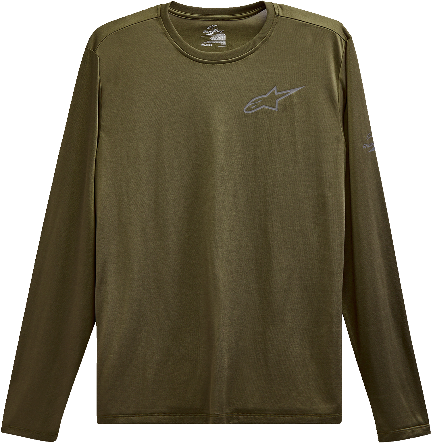 Alpinestars Pursue Performance long-sleeve T-shirt in military green, large size, featuring athletic design and logo details.