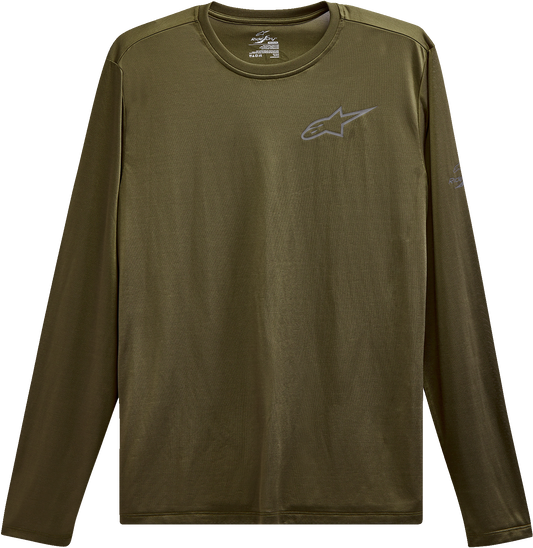 Alpinestars Pursue Performance long-sleeve T-shirt in military green, medium size, featuring athletic fit and brand logo.