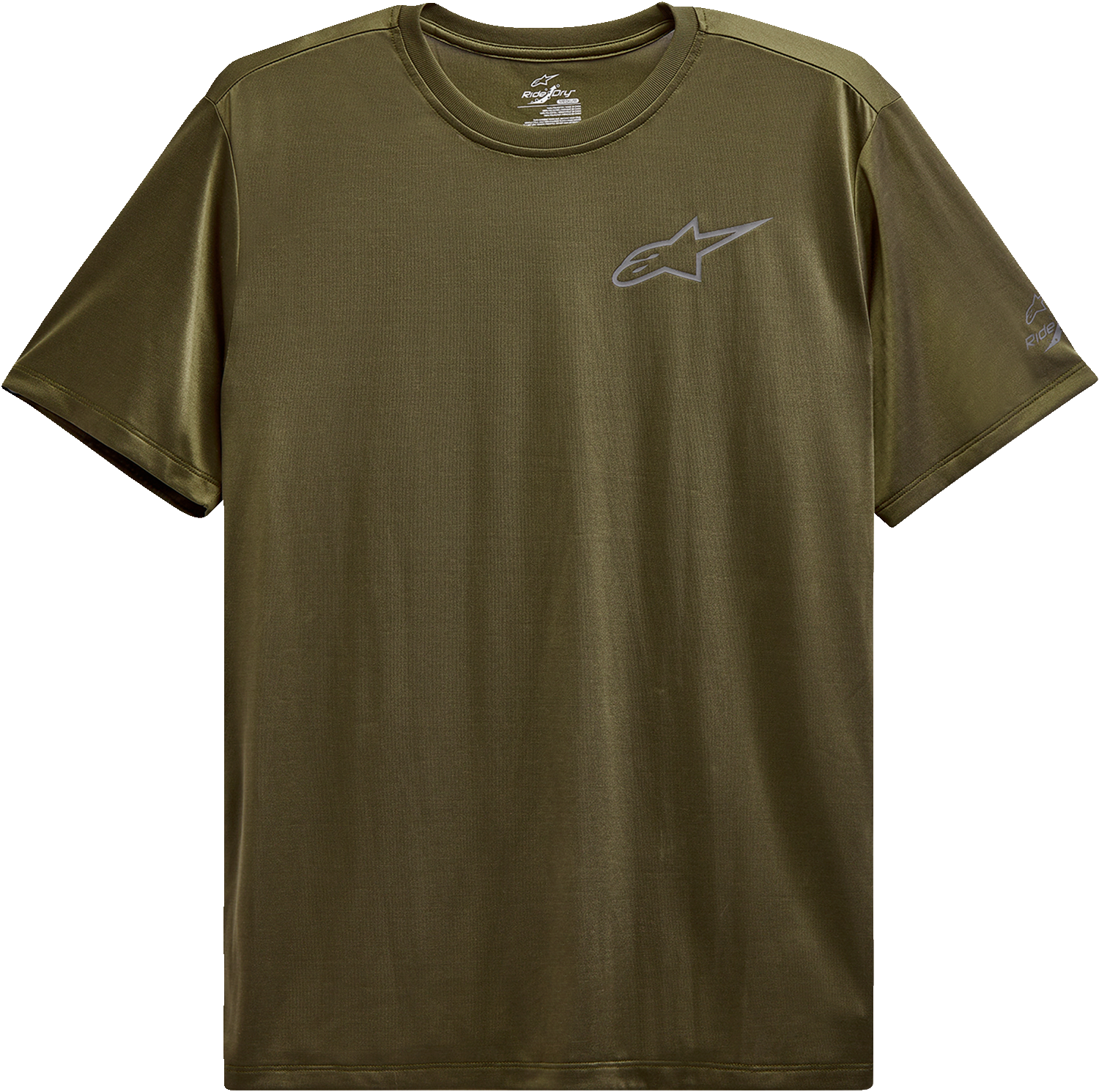 Alpinestars Pursue Performance T-Shirt in military green, medium size, featuring the Alpinestars logo and athletic fit.