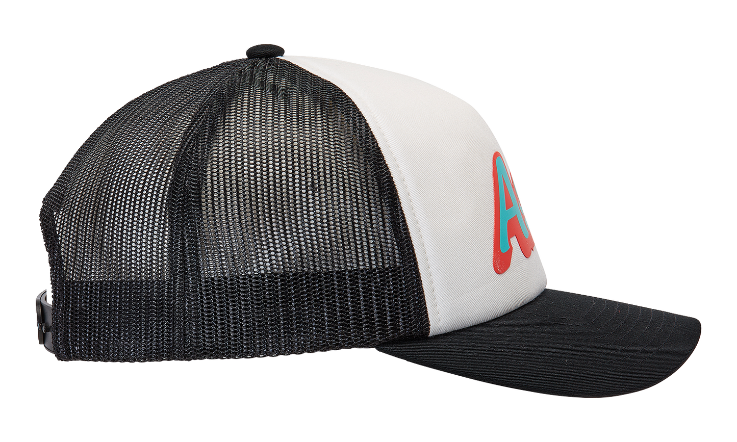 Alpinestars Delivery Trucker Hat in white and black with mesh back and embroidered logo on front.