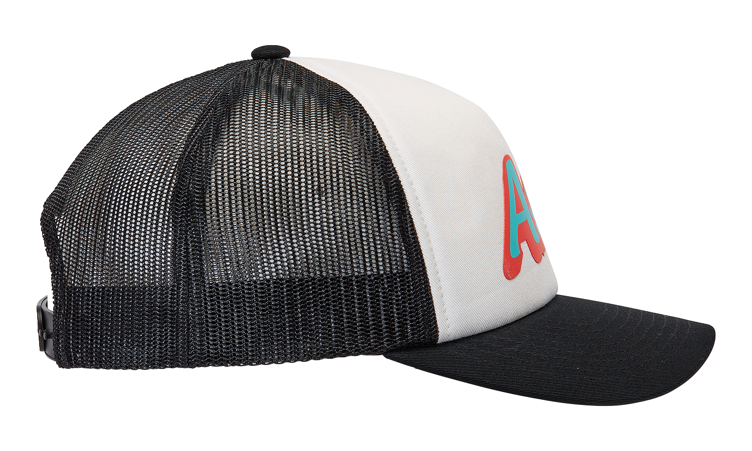 Alpinestars Delivery Trucker Hat in white and black with mesh back and embroidered logo on front.