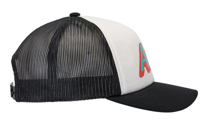Alpinestars Delivery Trucker Hat in white and black with mesh back and embroidered logo on front.