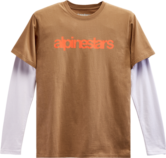 Alpinestars Stack long-sleeve knit T-shirt in sand and warm red, XL, featuring the Alpinestars logo on the front.
