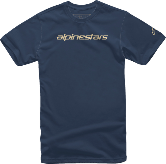 Alpinestars Linear Wordmark T-Shirt in navy and stone color, XL size, featuring the Alpinestars logo and design on the front.